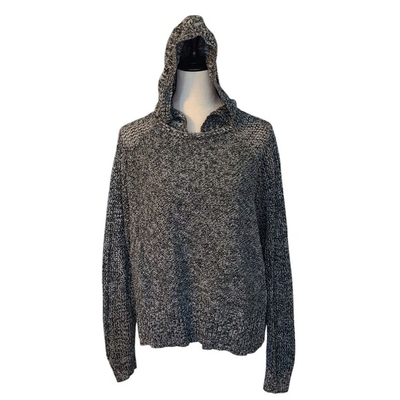 American Eagle Outfitters Tops - American Eagle Black White Marled Open Knit Shoulder Sleeves Hooded Sweater XL